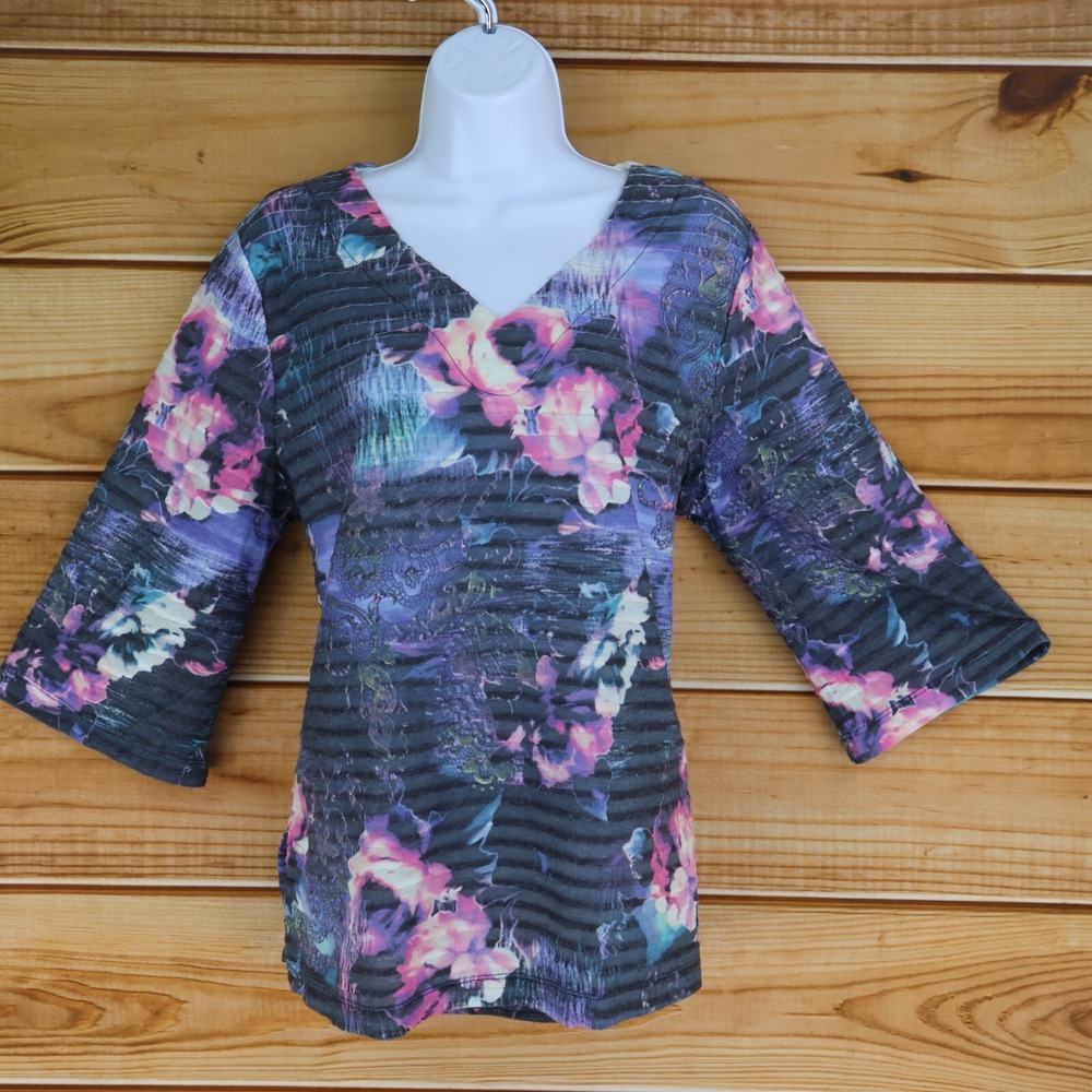 Onque Casual 3/4 Sleeve Shirt Womens Size L Multicolor Floral Polyester V-Neck
